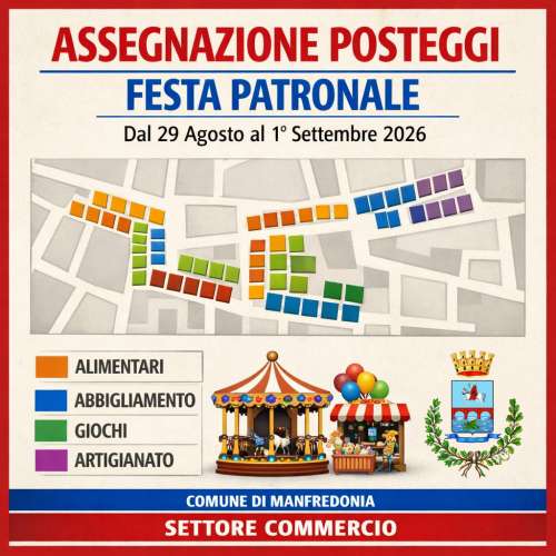 Assegnazione posteggi per attivit� di commercio in occasione della festa patronale dal 29 agosto al 1� settembre 2026.