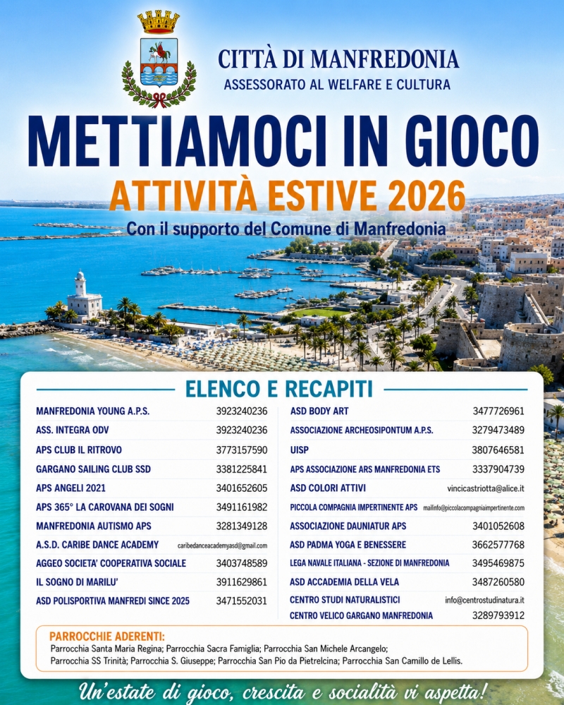 Centri Estivi 2026: il Comune di Manfredonia sostiene 30 progetti per bambini e ragazzi.